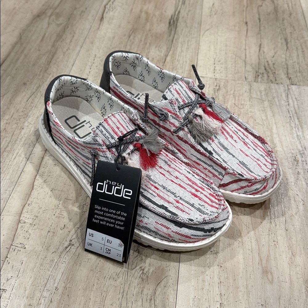 Hey Dude Kids Slip-On Sneakers in Red, White & Black Stripe